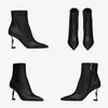 Opyum preto couro genuíno tornozelo botas curtas designer feminino apontou lado zíper botas de salto alto moda martin botas