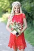 2023 Cheap Bridesmaid Dresses Country Jewel Neck Red Knee Length Short Sleeve Full Lace A Line Plus Size Backless Formal Maid of Honor Gowns