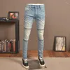 Jeans da uomo estivi blu chiaro moda casual pantaloni in denim slim fit impiombati