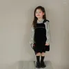 Clothing Sets Spring Autumn Flare Sleeve Blouses Black Slip Dress Elegance Girls Retro Preppy Style Long-sleeve 2Pcs Kids Suit