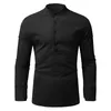 Men's T Shirts Casual Solid Color Top Shirt Stand Collar Blouses Roll Up Sleeve Long Fashion T-Shirt