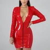 Vestidos casuais olhar molhado plus size manga longa profundo decote em v falso látex pu vestido de couro pacote quadril brilhante pvc minifalda sexy clubwea330z