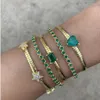 Link Chain 5mm Herringbone With Single Green Heart Rectangle Eye Charm Gold Color European Women Fashion Bracelet Rodn22274P