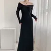 Casual jurken Franse elegante gebreide jurk één schouder strikontwerp chique trui vestidos dames herfstwijnrood retro gebreide kleding