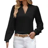 Dames blouses shirts elegante dames effen overhemd herfst v-hals gesplitst chiffon lange mouw top mesh dames formele blusa mujer 231016