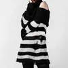 Women's Sweaters Goth Dark Color Blcok Striped Mall Gothic Sweater Dresses Open Shoulder Frayed Hooded Knitted Tops Women Grunge Loose