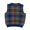 Men's Vests Vintage Knitwear V-neck Sleeveless Vest Men Japanese Harajuku Patchwork Plaid Streetwear Fashion College Sweater 2023