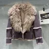 Women's Leather High-end Jacket 2023 Winter Clothes Streetwear Lamb Fur Collar Warm Coat Lady Elegant Long Sleeve Coats