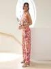 Women's Two Piece Pants Pink Printed Top Suit Women Sleeveless Square Collar Vest High Waist Flare Pant Suits Female 2023 Summer Elegant Set