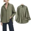 Women's Blouses Maxdutti 2023 Autumn Long Sleeve French Country Blouse Women Tops Style Lazy Army Green Cotton Shirt Fashion Simple