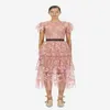 Elegante babados manga curta rosa malha floral bordado longo vestido de festa verão feminino alta qualidade auto retrato vestido y200805242c