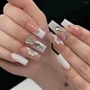 False Nails 24Pcs Extra Long Square Press On Detachable French With Rhinestone Ballet Fake Nail Tip Finished