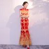 エスニック服刺繍レースブライドパーティーチョンサムオリエンタルレディースドレスファッションチャイニーズスタイルエレガントな長いQipao贅沢な結婚式ローブ