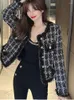 Women's Jackets 2023 Runway Designer Wool Tassel Coat Women Vintage Plaid Tweed Golden Buttons Elegant Office Lady Outwear Korean