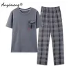 Masculino sleepwear verão malha algodão pijamas conjunto para homens moda homem manga curta xadrez calças sleepwear plus size 4xl pijamas para menino 231016