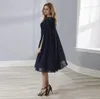 Elegant Navy Blue Mother Of The Bride Dresses With Wrap Knee Length Cap Sleeves Groom Godmother Chiffon Mermaid Evening Gown Customize