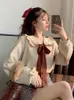 Blouses pour femmes Chemises Printemps Automne Corduroy Kawaii Bow Peter Pan Col Vintage Mignon Manches Longues Femmes Vêtements Tout match Doux 231016