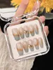 False Nails Handmade Cyan Press On Nail Rhinestone Golden Painting Long Coffin Manual Full Cover Professional Manicure