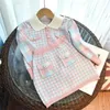 Clothing Sets Autumn Girls Fashion Set Kids Knitted Sweater Baby Cardigan Plaid Twopiece Sets Little Girl Toddler College Style Clothing 231016