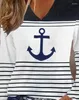 T-shirt da donna 2023 Autunno Inverno Primavera Moda Casual Anchor Stampa a righe Colorblock con scollo a V Top a maniche lunghe T-shirt femminili Pullover