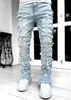 Högkvalitativa jeans Mens Jeans Hip Hop Top Jeans Designer Denim Pant Estruerad Ripped Biker Black Blue Jean Slim Fit Motorcykelbroderi Patchwork Ripped Pants