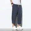 Herrbyxor baggy bomullslinne harem män 2023 koreanska vintage randiga kvinnor hiphop plus storlek bred benbyxa pantalon