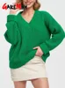 Women's Sweaters Autumn Oversize Sweater V-neck Solid Vintage Thick Long Sleeve Elegant Jumper Female Green Warm Knitted Winter