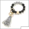 Porte-clés Longes Porte-clés Accessoires de mode Noir Givré Bracelet de perles en bois Porte-clés Motif Pompon Pendentif Bracelets Femmes Dhvjs