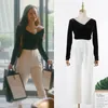 Women's Two Piece Pants Kpop Korean Singers Black Sexy V-neck Strapless Slim Full Sleeve TShirt Tops White High-Waist Straight Women Set