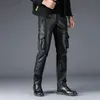 Men's Pants Idopy Men's Faux Leather Cargo Pants Military Style Multi Pockets Elastic Waist Army Tactical PU Soft Leather Trousers Plus Size 231013