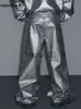 Men's Pants Mauroicardi Spring Autumn Cool Silver Baggy Shiny Pu Leather Wide Leg Pants for Men High Quality Trousers Mens Designer Clothes J231017