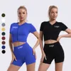 Lu Lu Yoga Jumpsuit Bodysuit Set Ribbed Seamless Workout Set dragkedja Top Set Sport Scrunch Shorts Womens Activewear Set för Jogging Gym Lememm