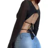 Women's T Shirts Women Sexy Crop Tops Autumn Clothes Y2k Solid Color Backless Long Flared Sleeve Low Cut Sheer T-shirt Club Streetwear