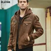 Men's Leather Faux Leather FLAVOR Men's Real Leather Jacket with Removable Hood Brown Jacket Genuine Leather Warm Coat For Men 231016