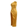 Casual Dresses One Sloping Shoulder Satin Corset Dress For Women 2023 Sexy Slit Vintage Luxury Elegant Party Formal Occasion Gold Robe