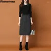 Casual Dresses Thick Dot Print Sticke Dress Patchwork Loose Midi Fall Winter Knitwear Vestido Elegant Women Bottoming tröja Robe