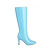 Parlak Botlar 479 Gökyüzü Mavi Trend Sarı Patent Deri Gotik Kadın Ayakkabı Kış Kalın Yüksek Topuklu Ayaklar Artı Boyut 34-48 Diz-Yüksek Bayanlar Diz- 315 876