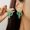 Stud Earrings Green Cactus Grey Leaf Creative Retro Simple Alloy Plant Dripping Oil For Women Jewelry Gifts