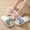 Slippers Bow Decor Single Band Winter Women Slipper Heel Fur Platform Soft Fur Warm Indoor Lady Open Toe Fluffy Home Slippers 231016