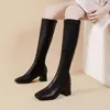 Stiefel Drop Damen-Stiefel mit dicken Absätzen und quadratischer Zehenpartie, hochhackige, aber kniehohe Mode