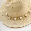 Berets British Flat Brimmed Straw Hat Pearl Studded Top Women's Sun Shading Protection Jazz Outdoor Beach Summer