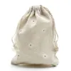 Sacos de presente de linho com margaridas brancas, 9x12cm, 10x15cm, 13x17cm, pacote com 50 sacos para lembrancinhas de doces, maquiagem, joias, cordão, bolsa 239m