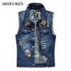 Shifuren rippade denim väst män mode lapp design cowboy frayed jeans ärmlösa jackor punk rock motorcykel maistcoat280m