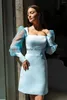 Party Dresses Elegant Square Neckline Long Sleeves Cocktail Sky Blue Satin A-line Mini Prom Gown Short Homecoming Little Black Dress