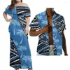 Robes décontractées HYCOOL HD Tropical Coconut Print Royal Blue Robe hawaïenne Polynésienne Tribal Party Couple Vêtements Hors Épaule Long236V