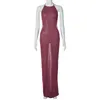 Casual Dresses Red Glitter Party Dress Women Halter Backless Long BodyCon See Through Sexy Night Club Outfit Maxi