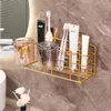 Toothbrush Holders Bathroom Storage Rack Iron Art Wall Mounted Toothbrush Holder Luxury Gold Washroom Mouthwash Cup Organizer Bathroom Accessories 231013