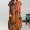 Vestidos casuais senhoras algodão vestido de linho mulheres retro impressão verão elegante feminino solto ajuste o-pescoço curto para um