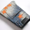 Men's Jeans Style Brand Orange Star Patched High Street Ripped Male Stretch Slim Denim Pants Retro Blue Trousers