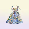 Fashion Runway Summer Dress New Women039s Bow Spaghetti Strap Backless Blue and White Porcelain Floral Print Long Dress 2104098957779